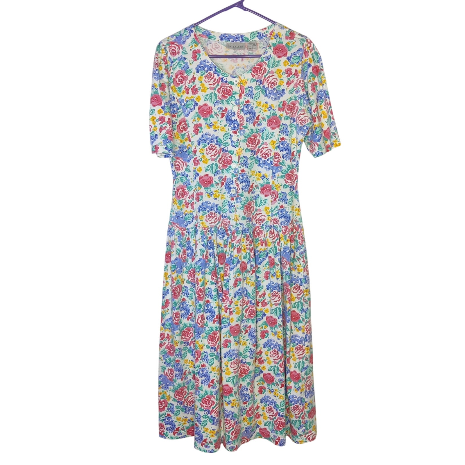 Vtg 90s Nordstrom Colorful Floral A-Line Cotton Cottagecore Midi Dress Medium